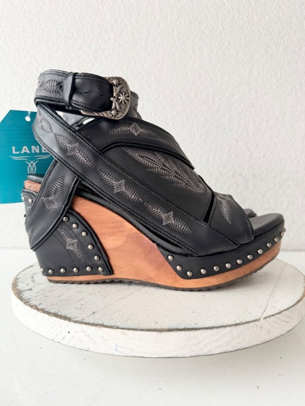 Lane Boots Lexington Jet Black Leather Western Wedge Sandals Wood Heel Womens 11 - Picture 2 of 12